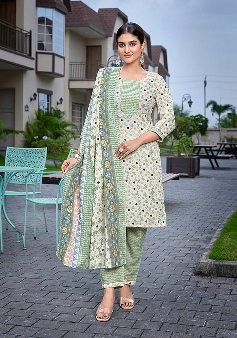 Green Printed Cotton Blend Kurta Set