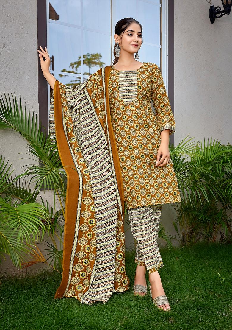 Mustard Printed Cotton Blend Kurta Set