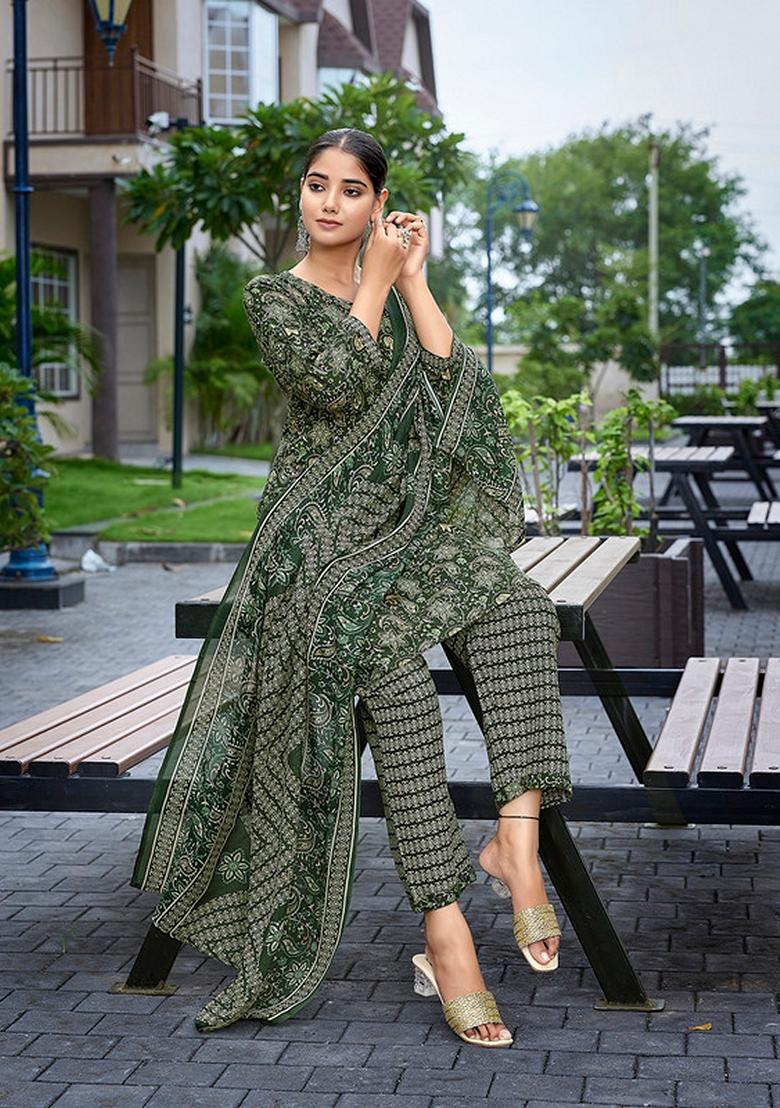 Bottle Green Printed Cotton Blend Kurta Set