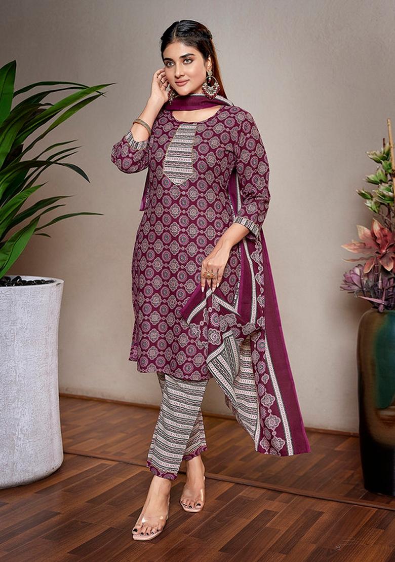 Purple Printed Cotton Blend Kurta Set