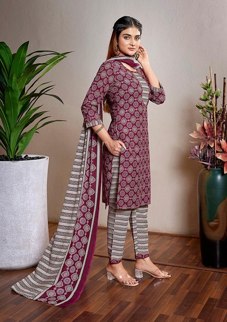 Purple Printed Cotton Blend Kurta Set