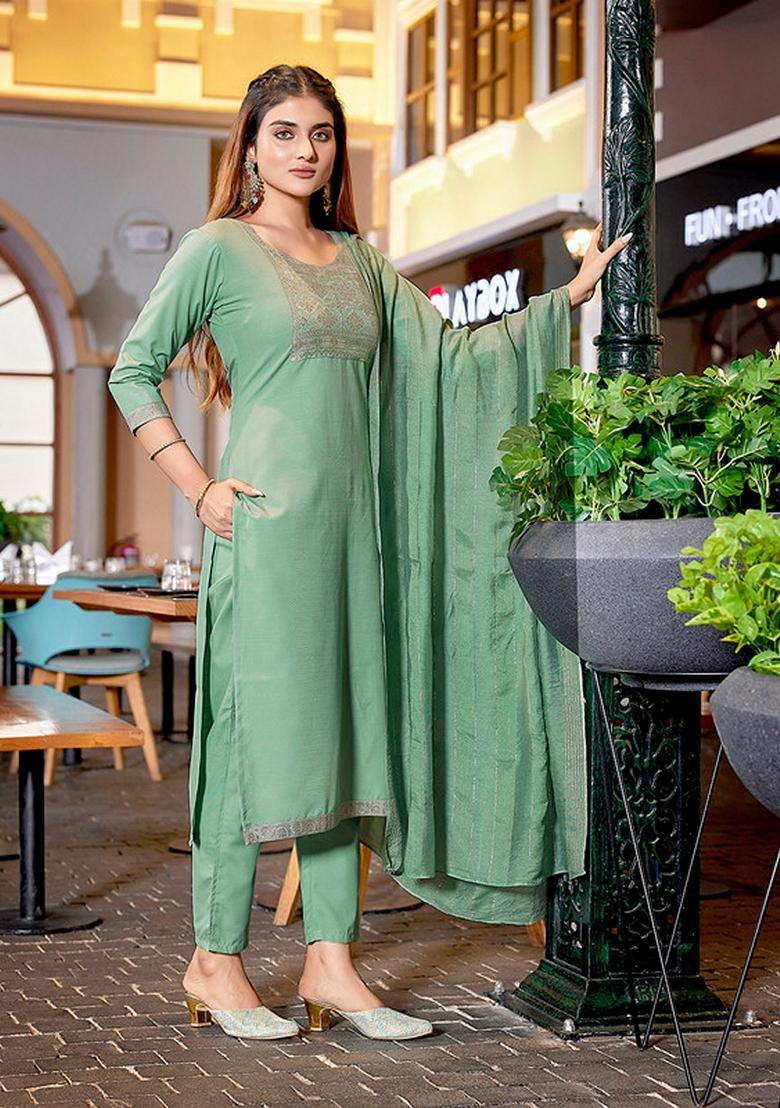 Pista Green Solid Cotton Blend Kurta Set