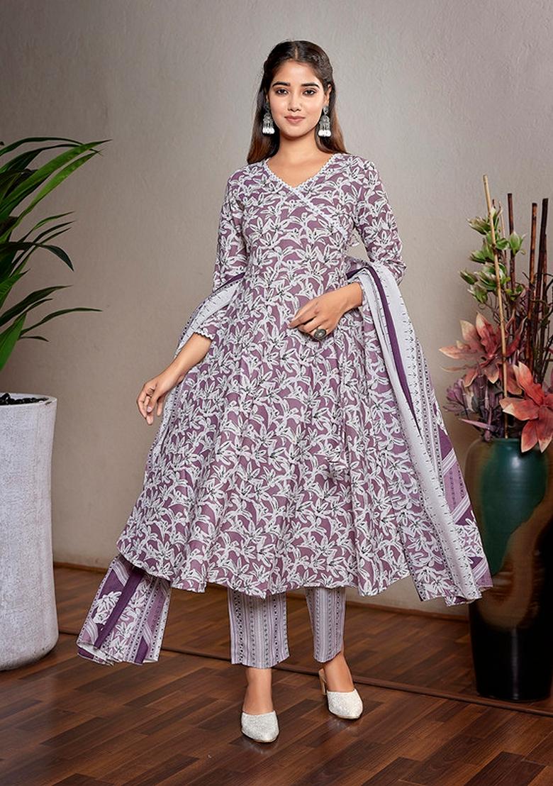 Purple And White Printed Cotton Blend Kurta Set