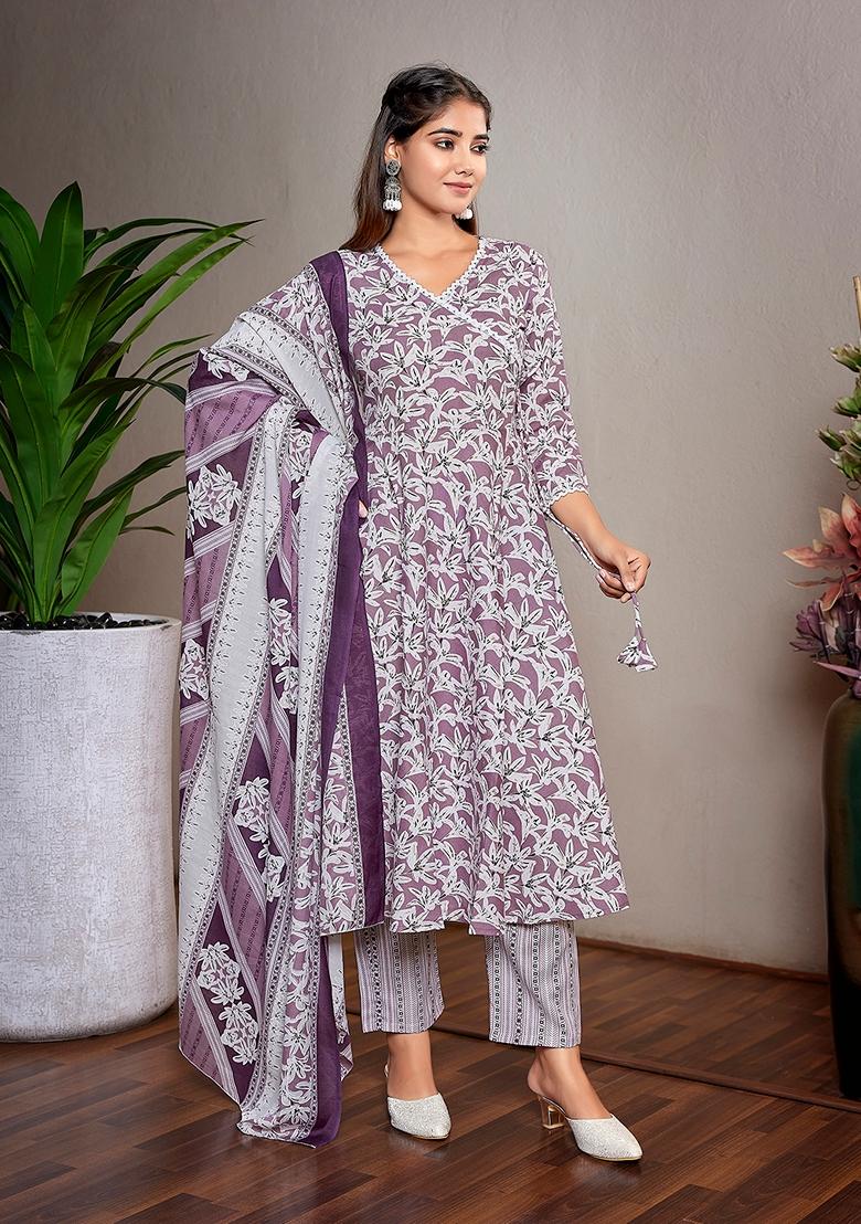 Purple And White Printed Cotton Blend Kurta Set