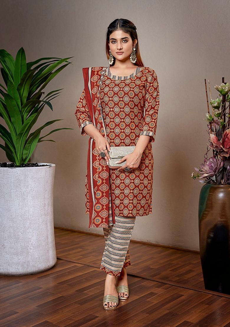 Brown Printed Cotton Blend Kurta Set