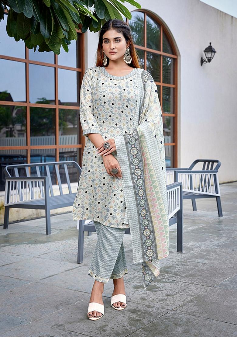 Grey And White Printed Cotton Blend Kurta Set