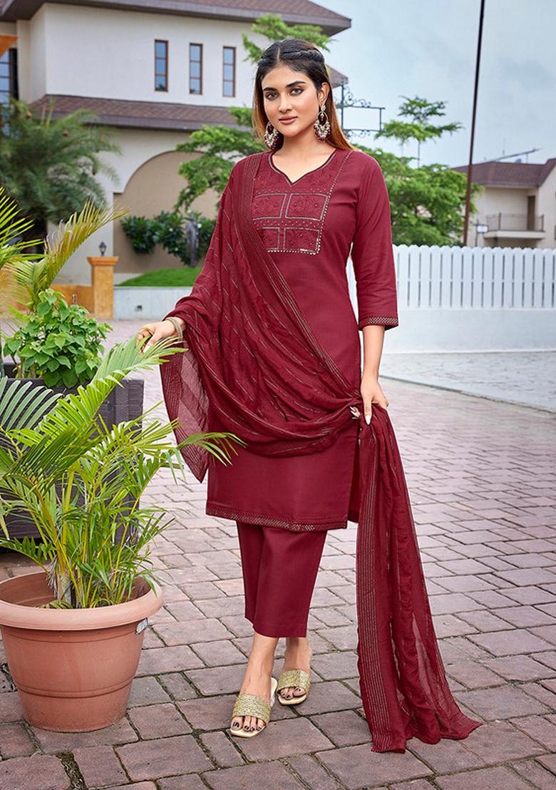 Maroon Embroidered Cotton Blend Kurta Set