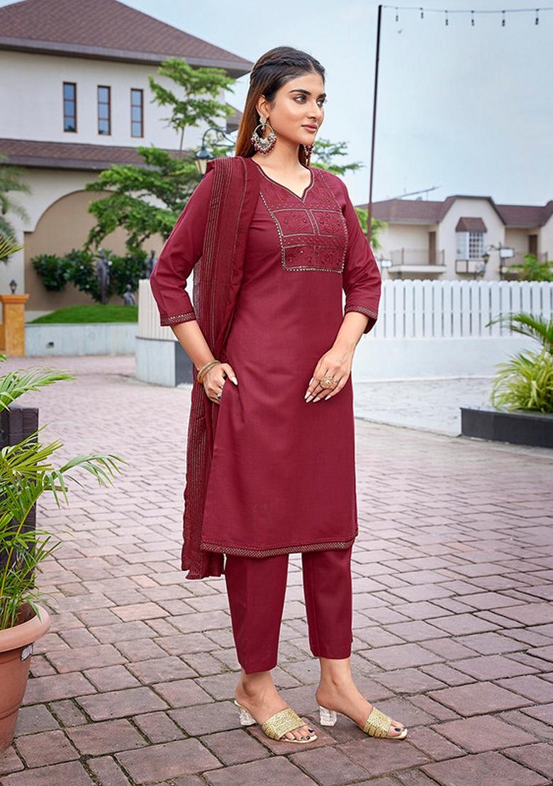 Maroon Embroidered Cotton Blend Kurta Set