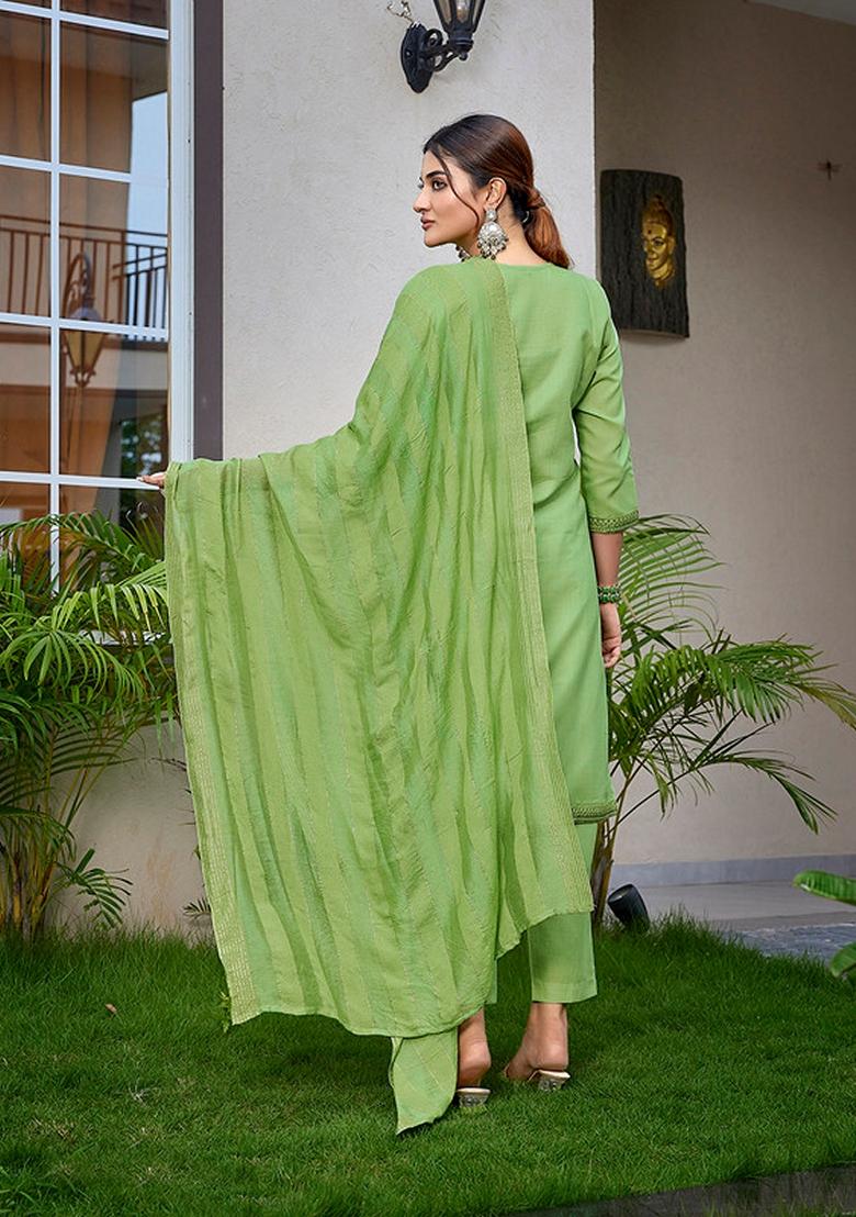 Light Green Embroidered Cotton Blend Kurta Set