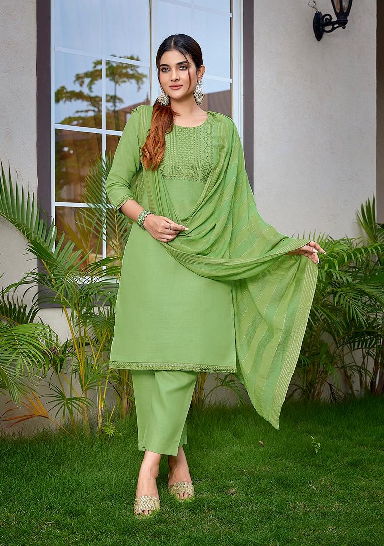 Light Green Embroidered Cotton Blend Kurta Set