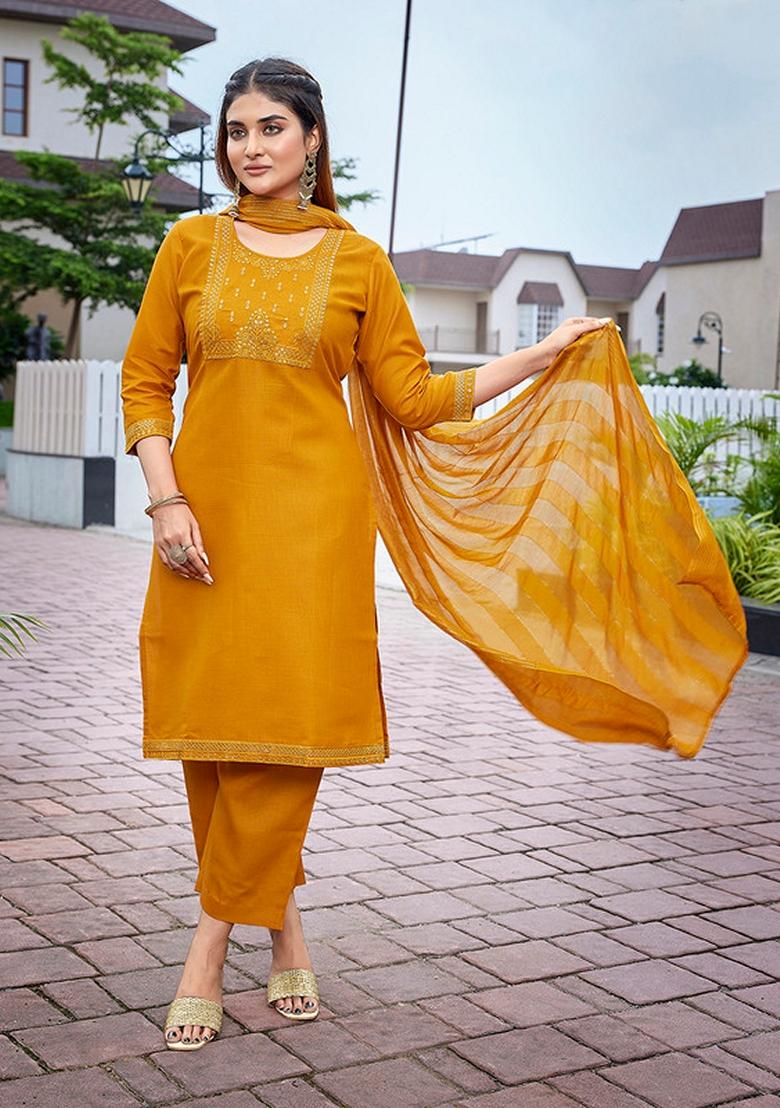 Mustard Embroidered Cotton Blend Kurta Set