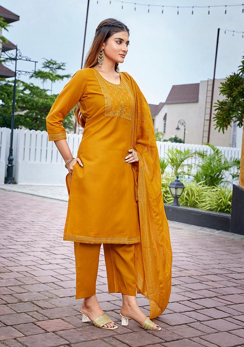 Mustard Embroidered Cotton Blend Kurta Set