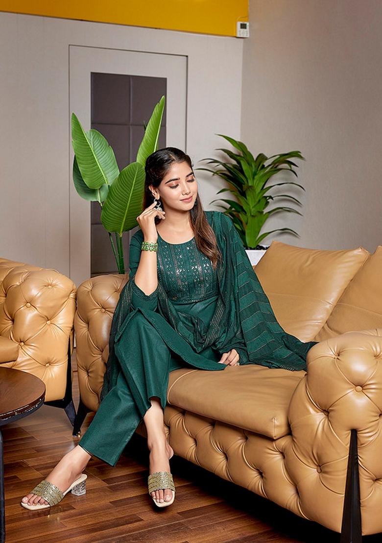 Bottle Green Embroidered Cotton Blend Kurta Set