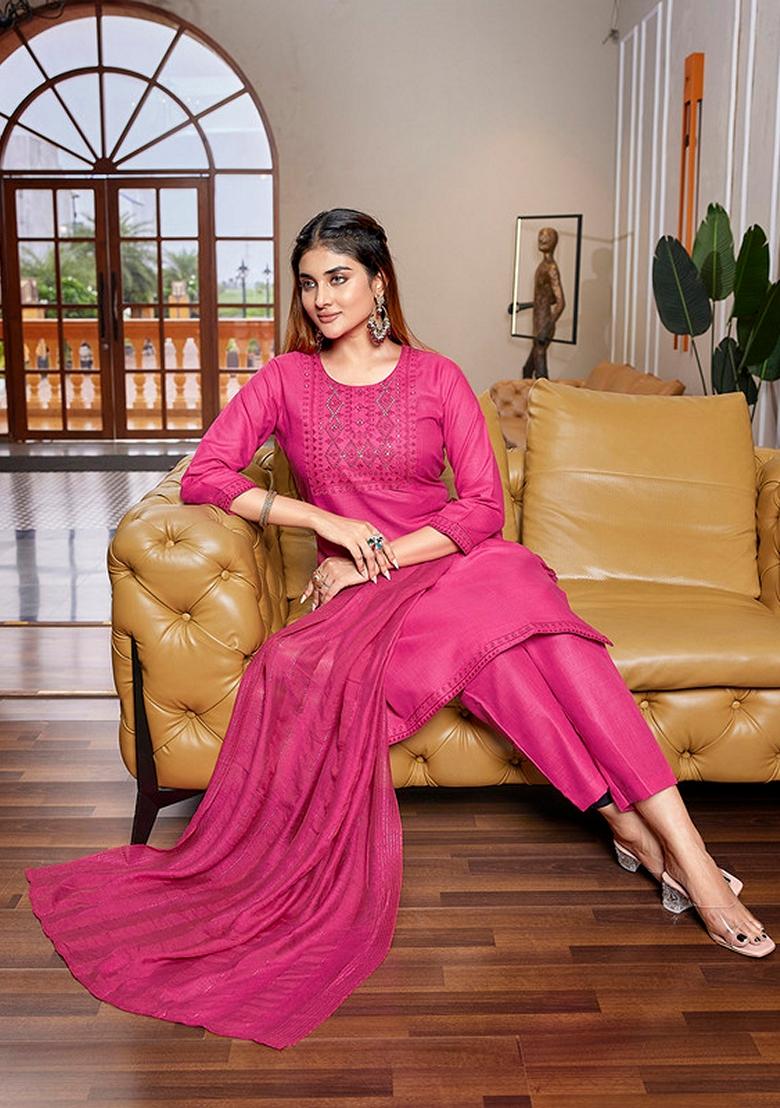 Pink Embroidered Cotton Blend Kurta Set
