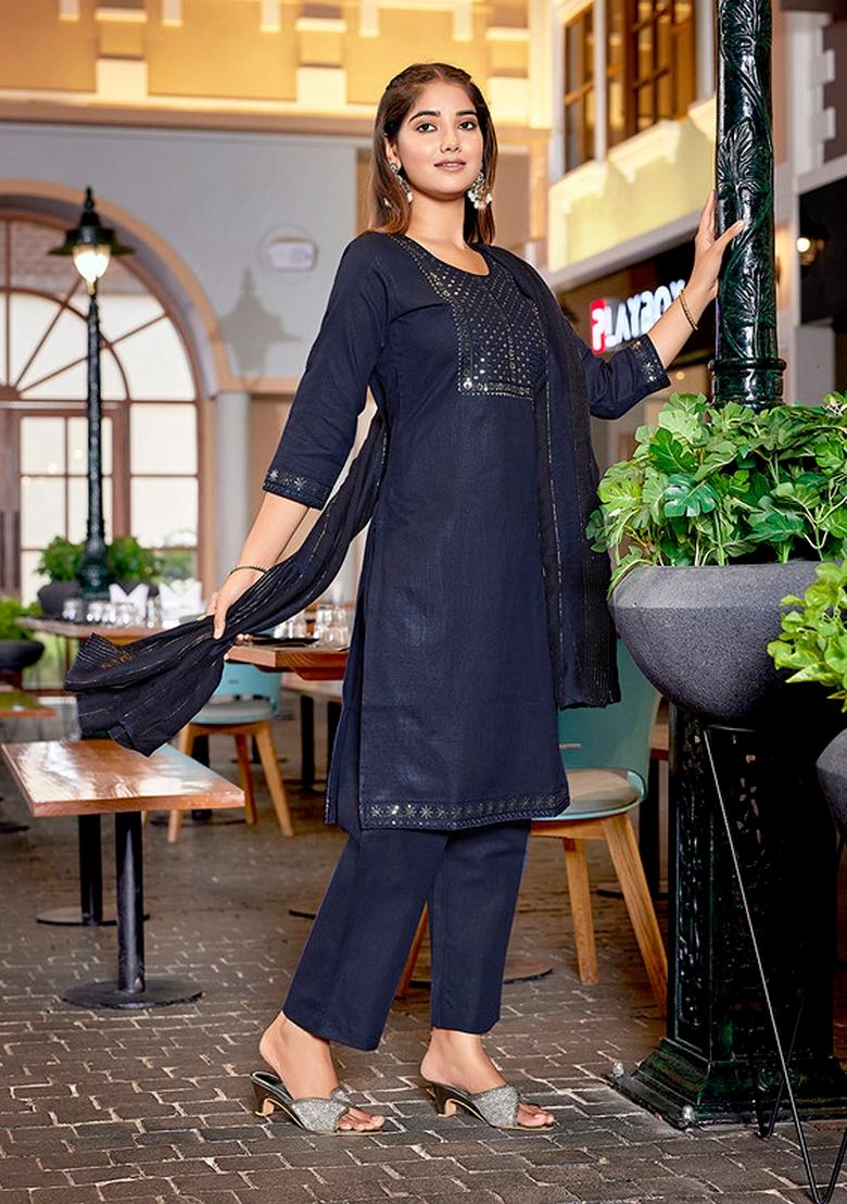 Navy Blue Embroidered Cotton Blend Kurta Set