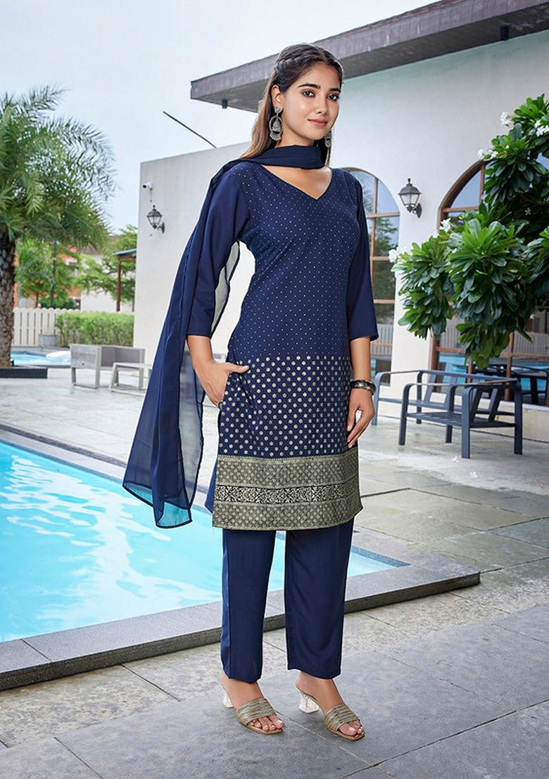 Navy Blue Printed Crepe Kurta Set