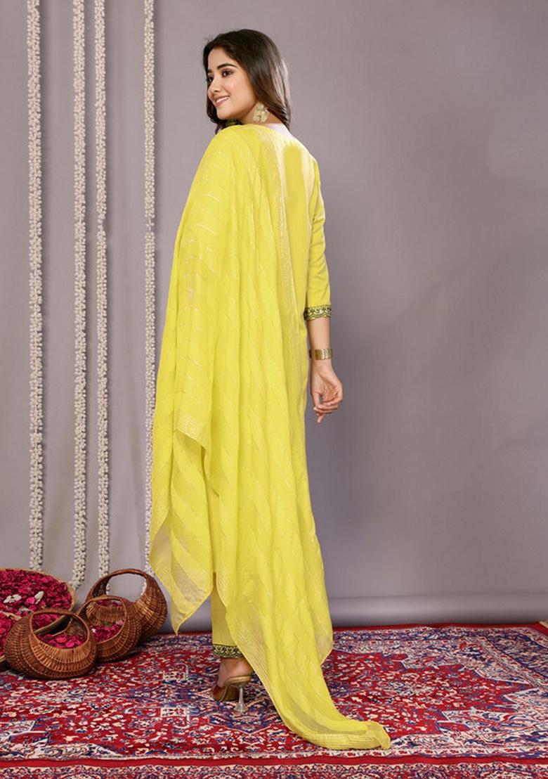 Yellow Embroidered Cotton Blend Kurta Set