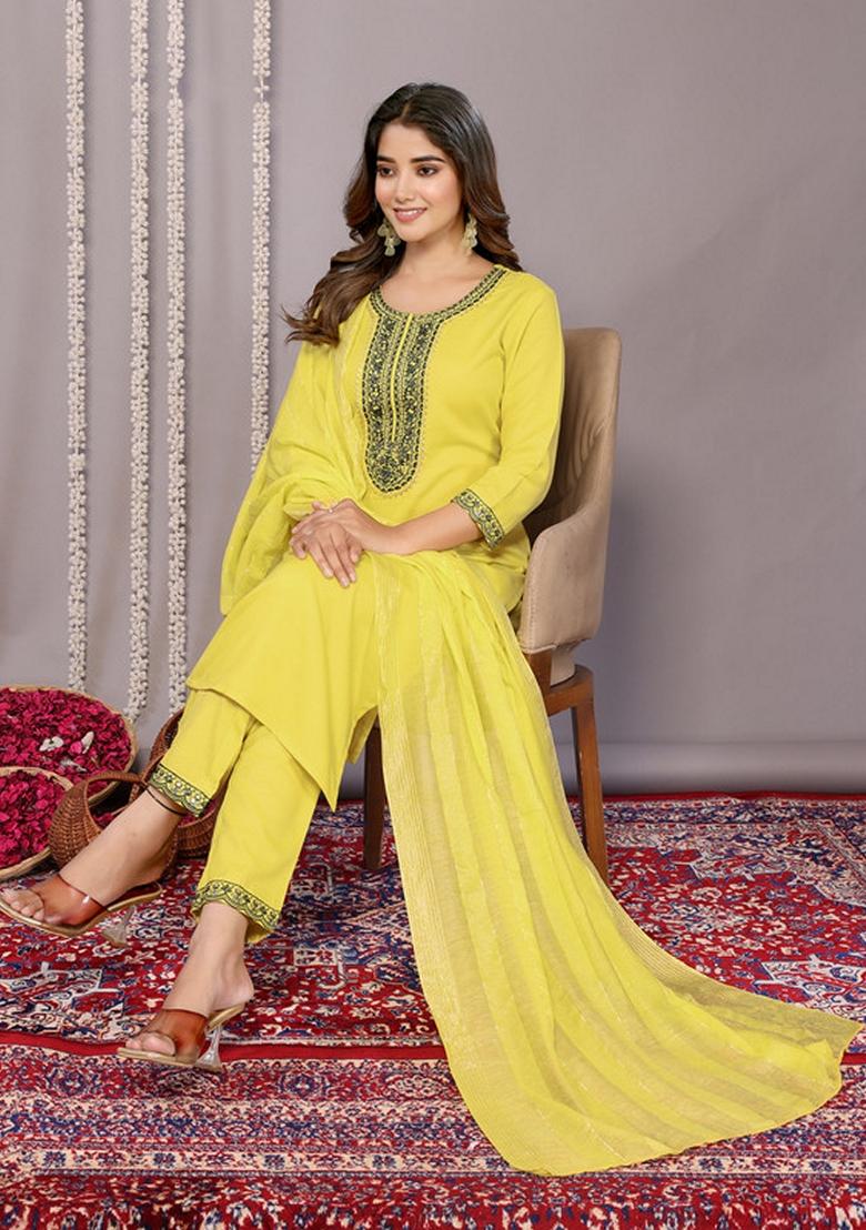Yellow Embroidered Cotton Blend Kurta Set
