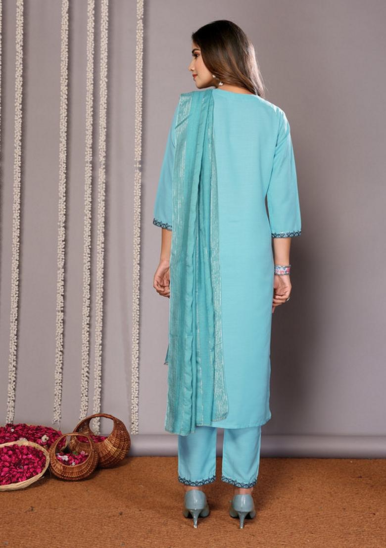 Turquoise Blue Embroidered Cotton Blend Kurta Set