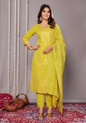 Yellow Printed Cotton Blend Kurta Set