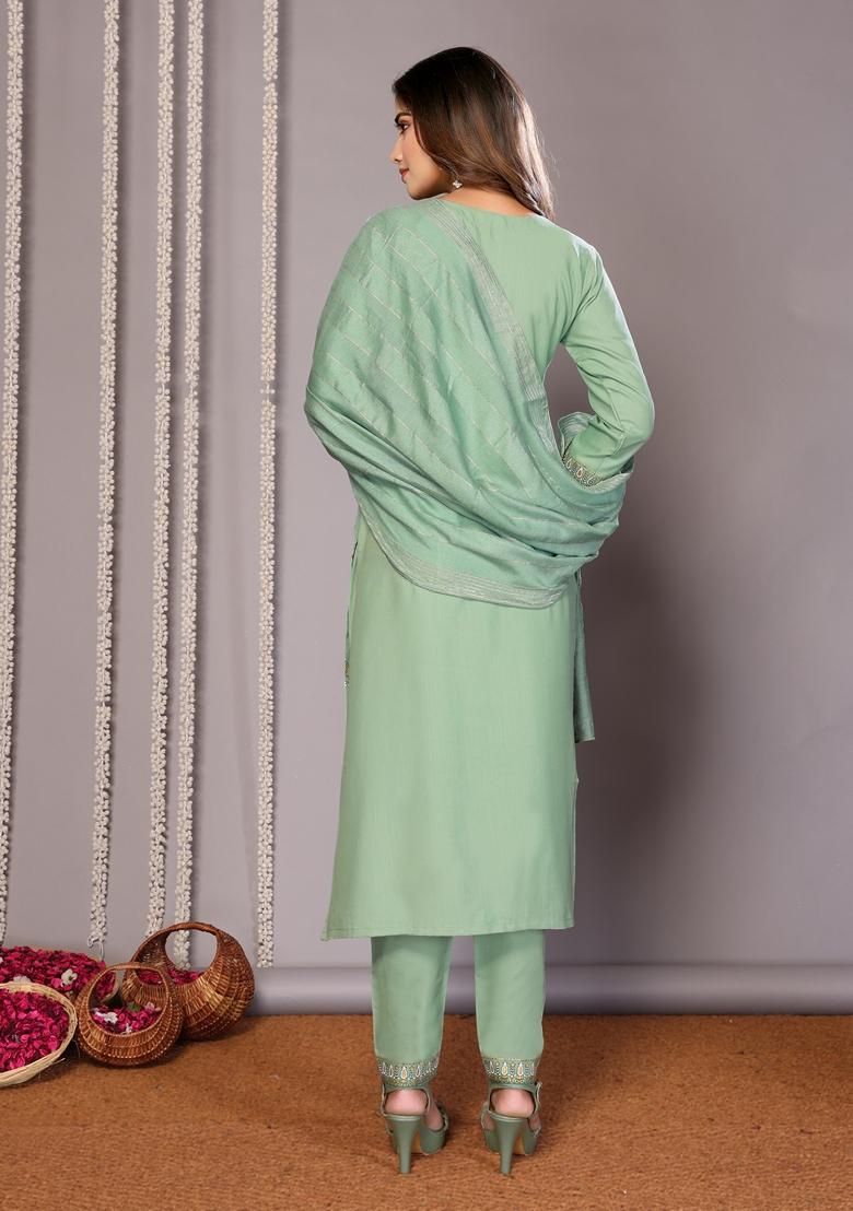Green Printed Cotton Blend Kurta Set
