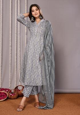 Grey Printed Cotton Blend Kurta Set