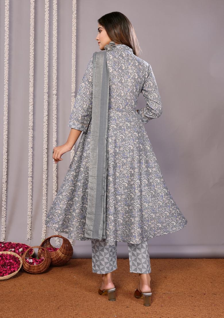 Grey Printed Cotton Blend Kurta Set