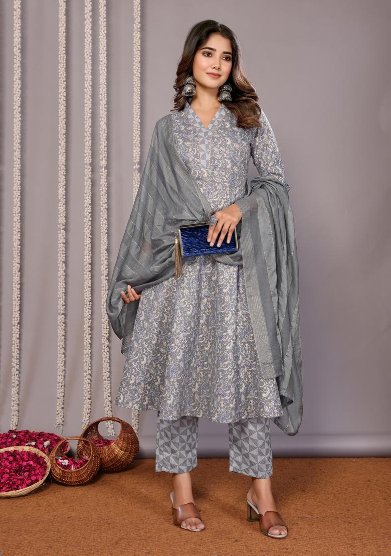 Grey Printed Cotton Blend Kurta Set