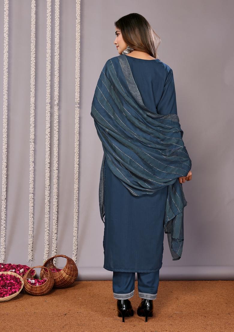 Teal Blue Printed Cotton Blend Kurta Set