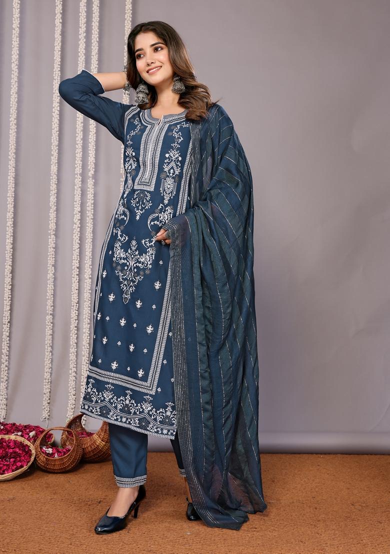 Teal Blue Printed Cotton Blend Kurta Set