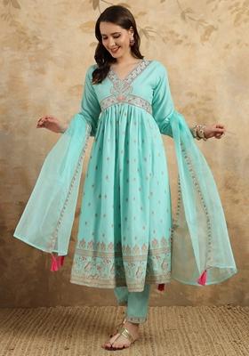 Sky Blue Embroidered Rayon Slub Kurta Set