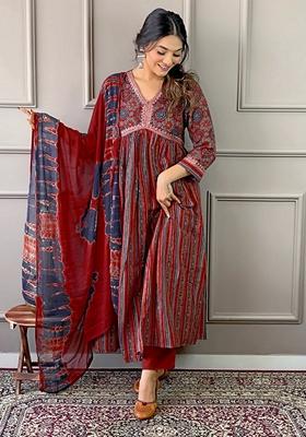 Maroon Embroidered Cotton Kurta Set