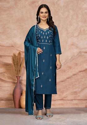 Teal Embroidered Cotton Blend Kurta Set