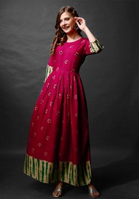 Pink Printed Rayon Anarkali Kurta