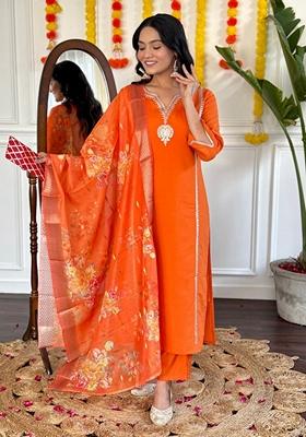 Orange Embroidered Viscose Chanderi Kurta Set