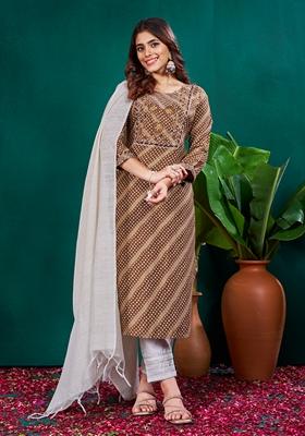 Coffee Brown Printed Embroidered Rayon Kurta Set