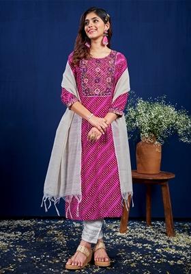Purple Printed Embroidered Rayon Kurta Set