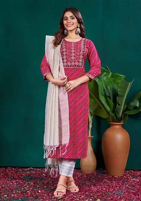 Rani Pink Printed Embroidered Rayon Kurta Set