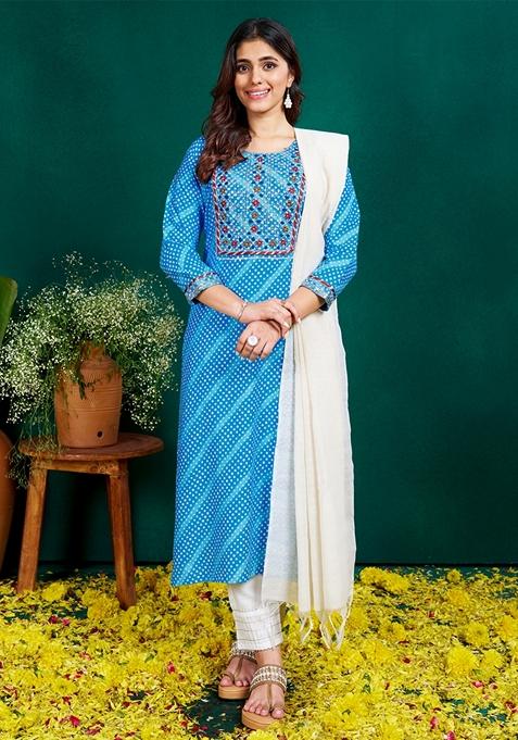 Sky Blue Printed Embroidered Rayon Kurta Set