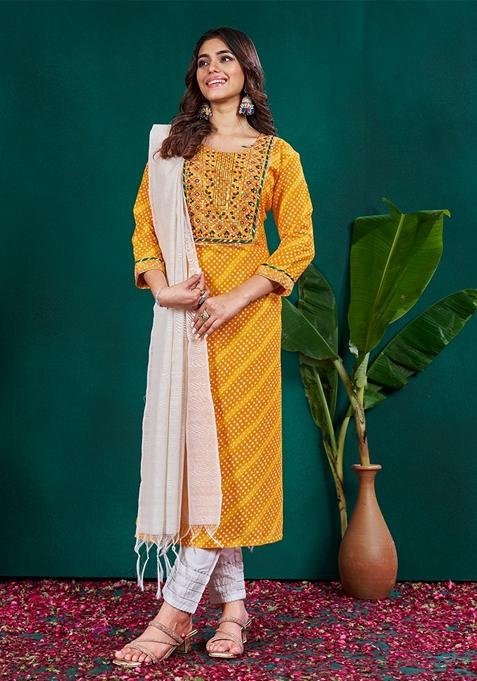 Yellow Printed Embroidered Rayon Kurta Set