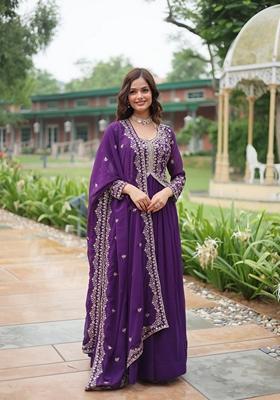 Purple Sequin Zari Embroidered Faux Blooming Anarkali Set