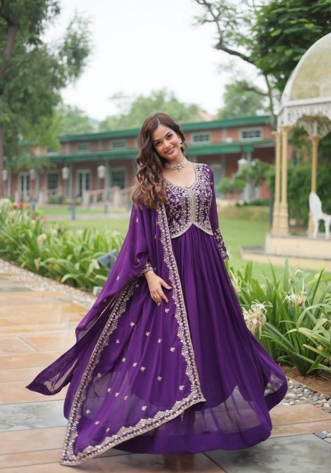 Purple Deigner Readymade Faux Blooming Anarkali Dress With Sequins Embroidery Work