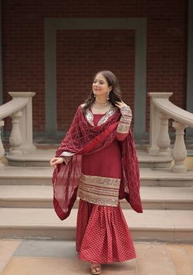 Maroon Sequin Thread Embroidered Faux Georgette Sharara Set