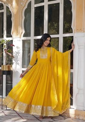 Yellow Sequin Embroidered Faux Blooming Georgette Anarkali Set