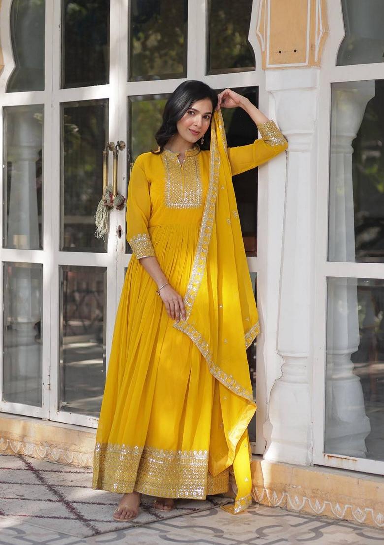 Yellow Sequin Embroidered Faux Blooming Georgette Anarkali Set