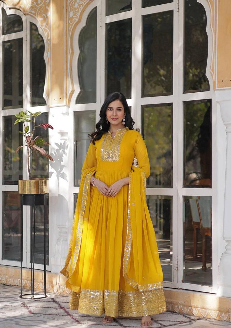 Yellow Sequin Embroidered Faux Blooming Georgette Anarkali Set