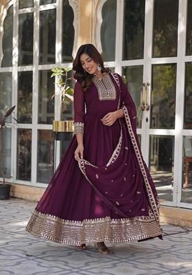 Wine Sequin Embroidered Faux Blooming Georgette Anarkali Set