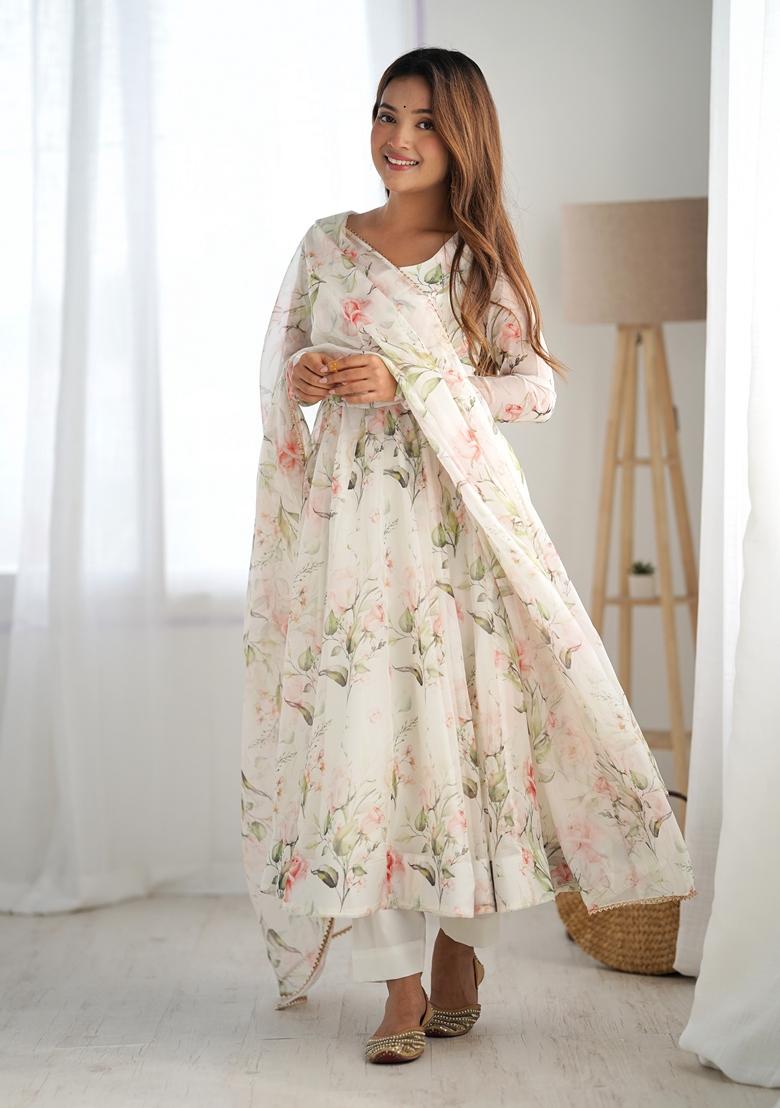 Off White Printed Soft Organza Silk Anarkali Set