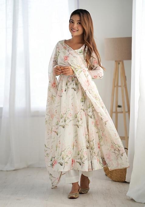 Off White Printed Soft Organza Silk Anarkali Set