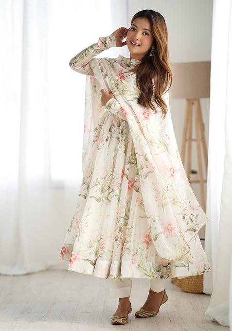 Off White Printed Soft Organza Silk Anarkali Set